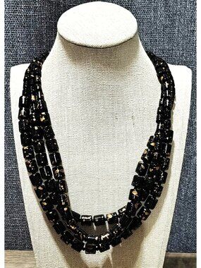 Vtg Esmor Black Gold Fleck Triple Strand Beaded Necklace Faux Coral Statement